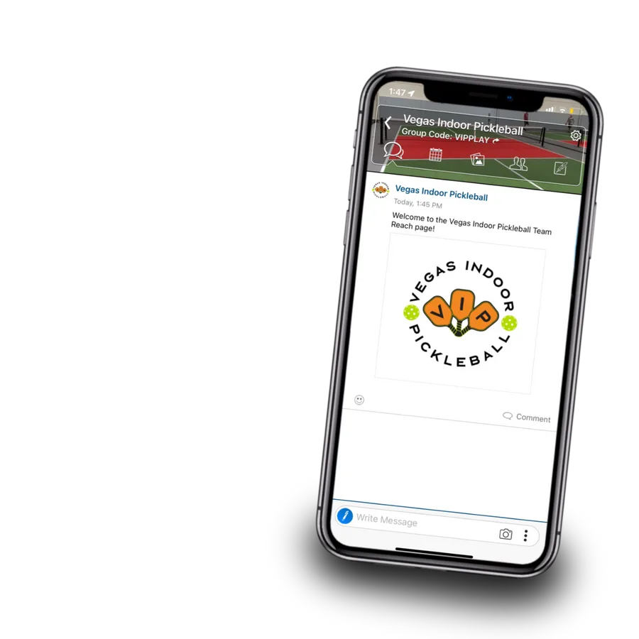 The Vegas Indoor Pickleball TeamReach group on a phone, group code VIPPLAY